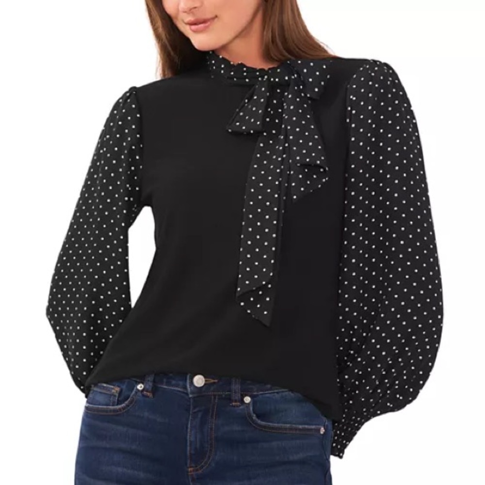 CECE Mixed Media Tie Neck Top size Medium. Black Polka Dot - SOLD OUT - NWT